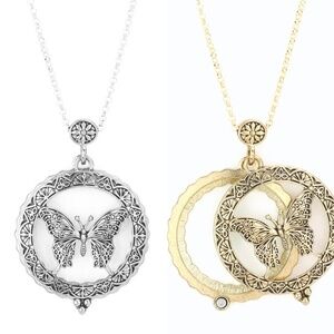 Butterfly Magnifying Glass Pendant Long Necklace 5x mag Gold Or Silver Plated